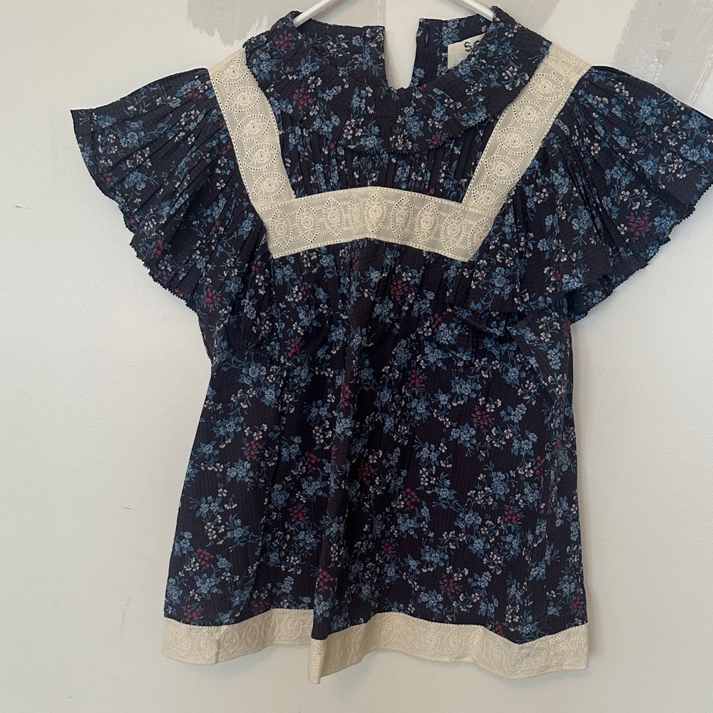Sea New York Dark Blue Floral Blouse with Light Lace